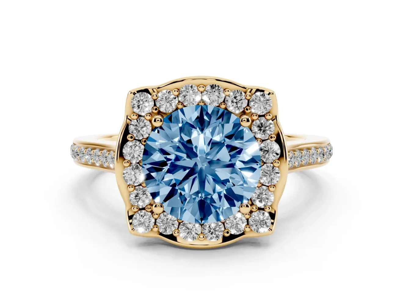 Round Halo Engagement Ring Setting for a Fancy Blue Lab-Grown Diamond | Petal Tips | Yellow Gold