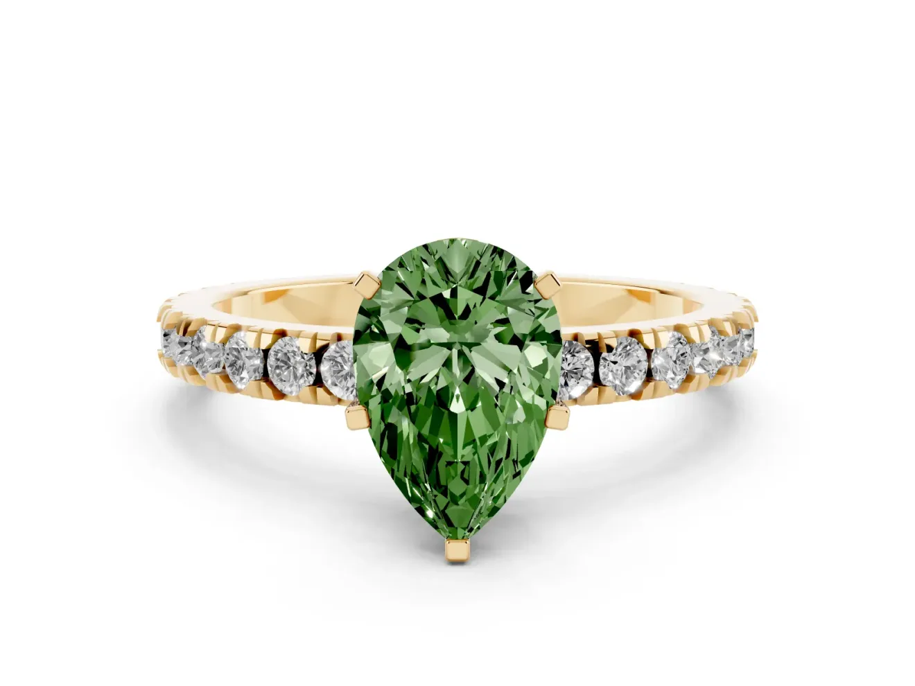 Fancy Green Pear Cut Diamond Pavé Band Solitaire Set in Yellow gold with Prong Setting