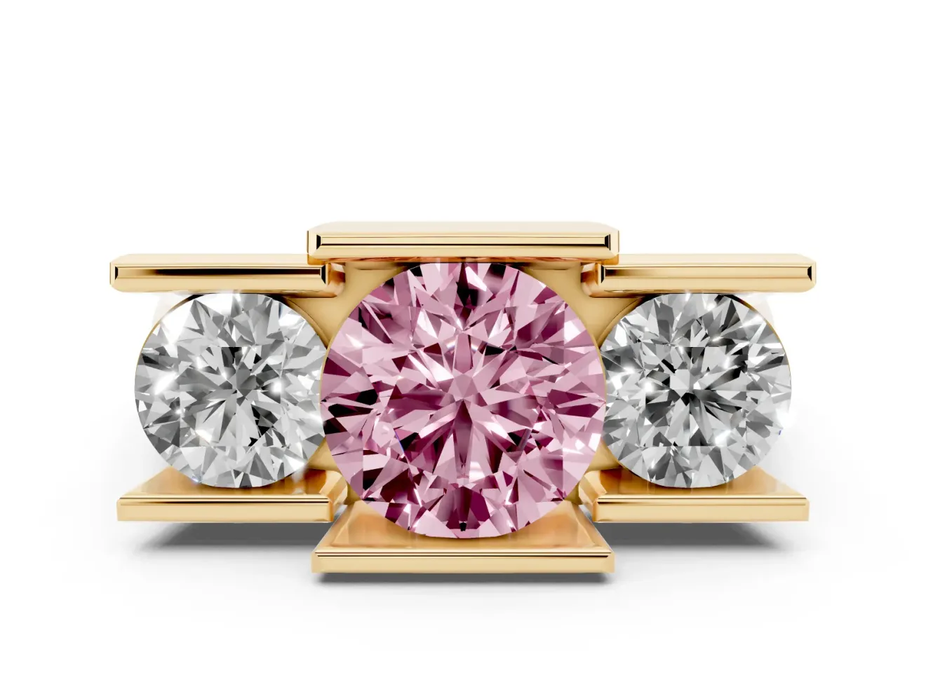 Fancy Pink Round Cut Diamond Three-Stone Channel Set Ring Set in Yellow gold with Smooth Polished Band