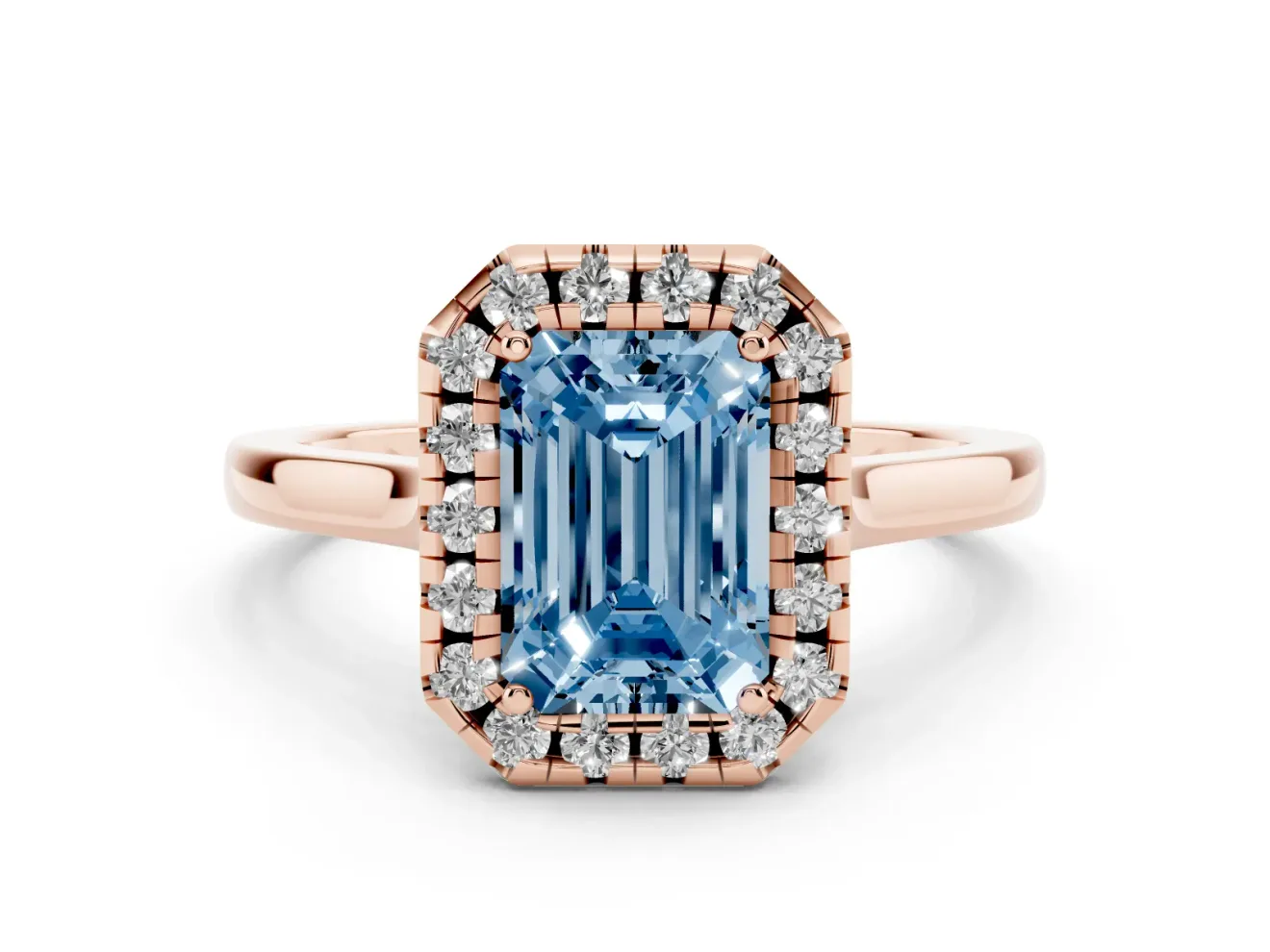 Emerald Cut Halo Engagement Ring Setting for a Fancy Blue Lab-Grown Diamond | Flat Tapered Band | Rose Gold