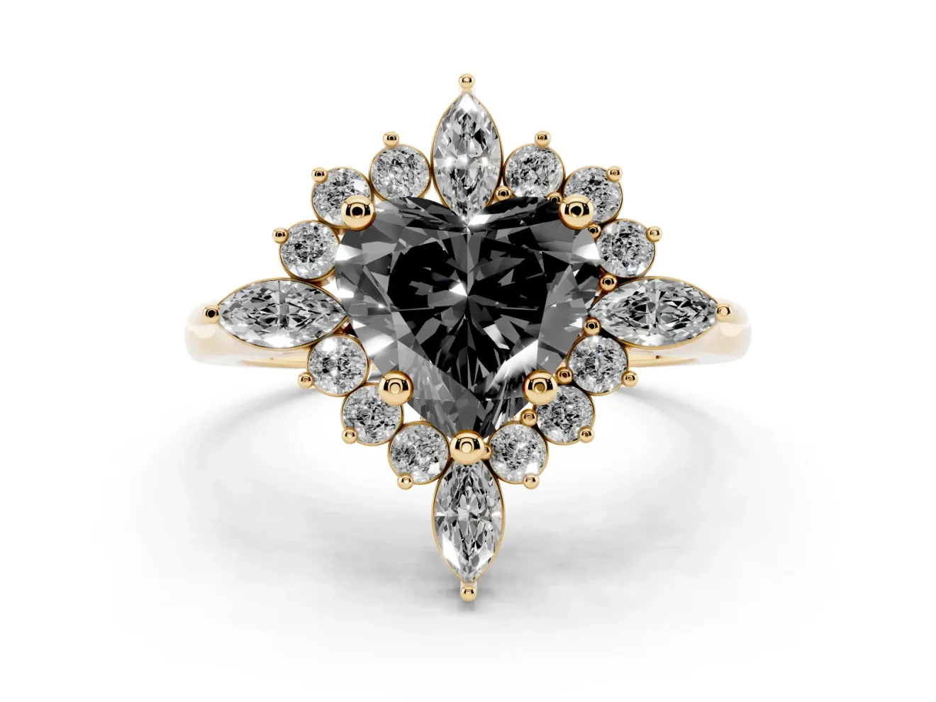 Fancy Black Heart Cut Diamond Cluster Halo Ring Set in Yellow gold with Marquise and Round Accents