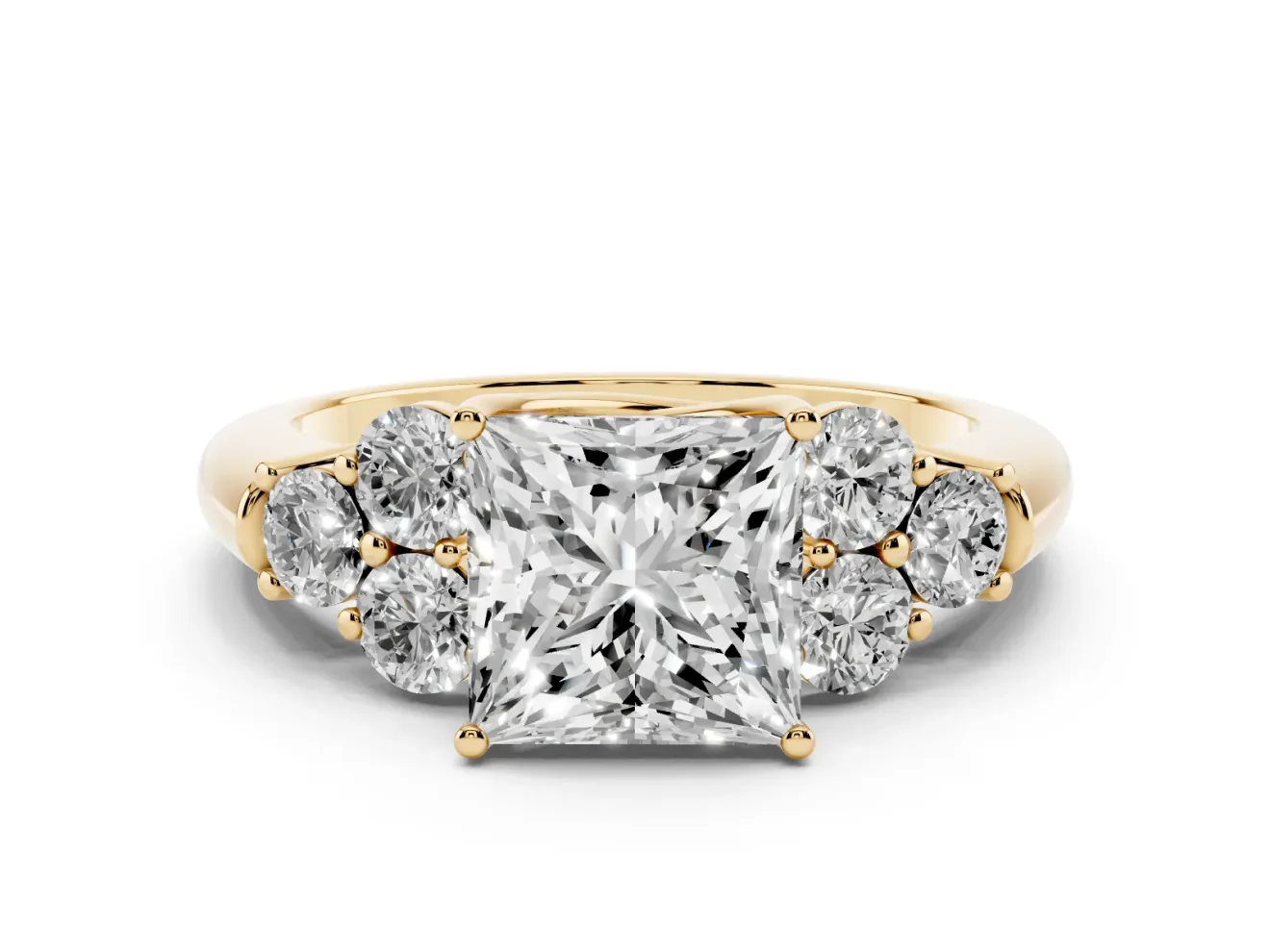 Princess Cut Diamond Cluster Ring Set in Yellow gold with Round Accent Stones and Prong Setting on a Plain Band