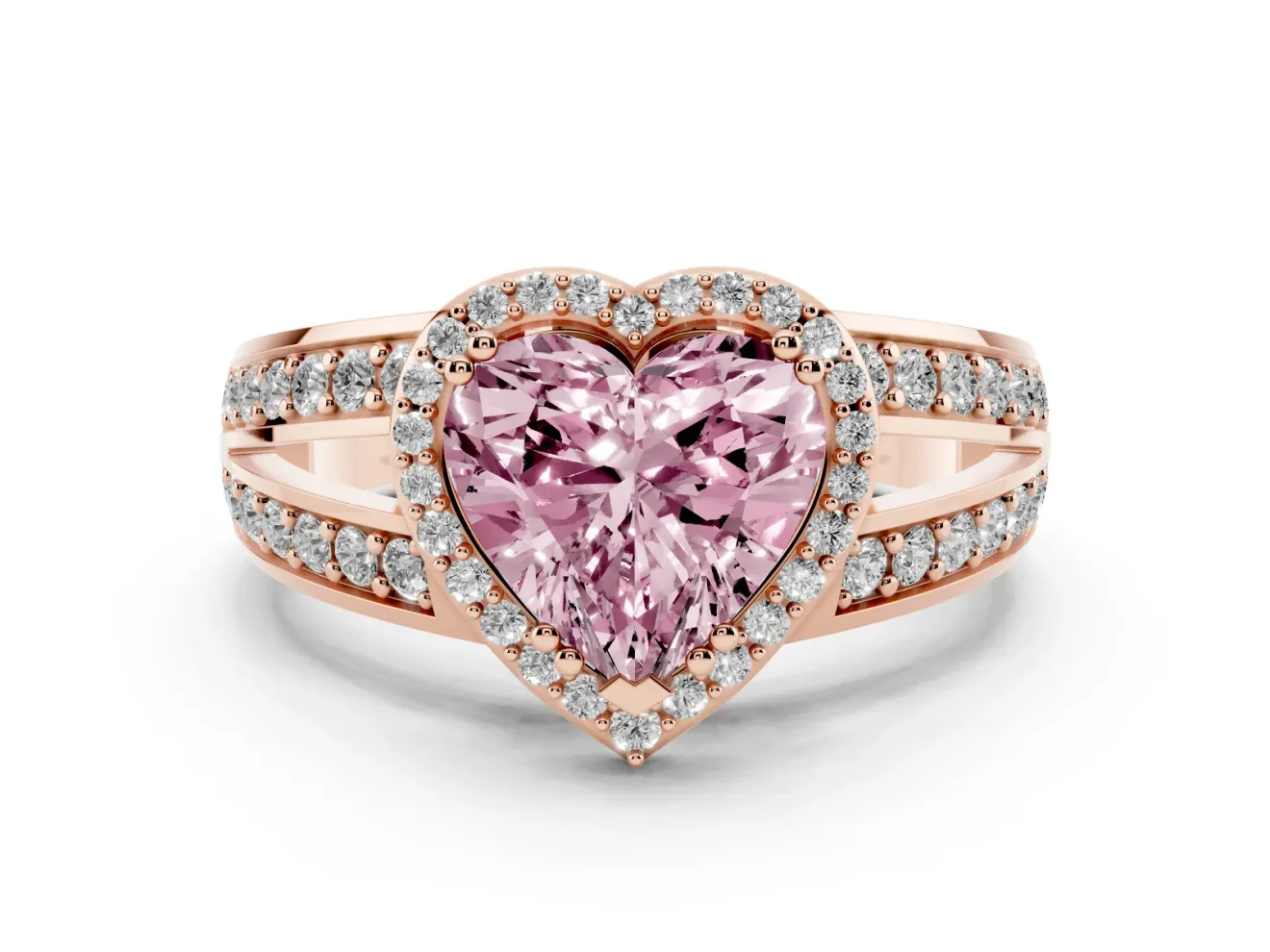Fancy Pink Heart Cut Diamond Halo Ring Set in Rose gold with Double Pavé Split Shank