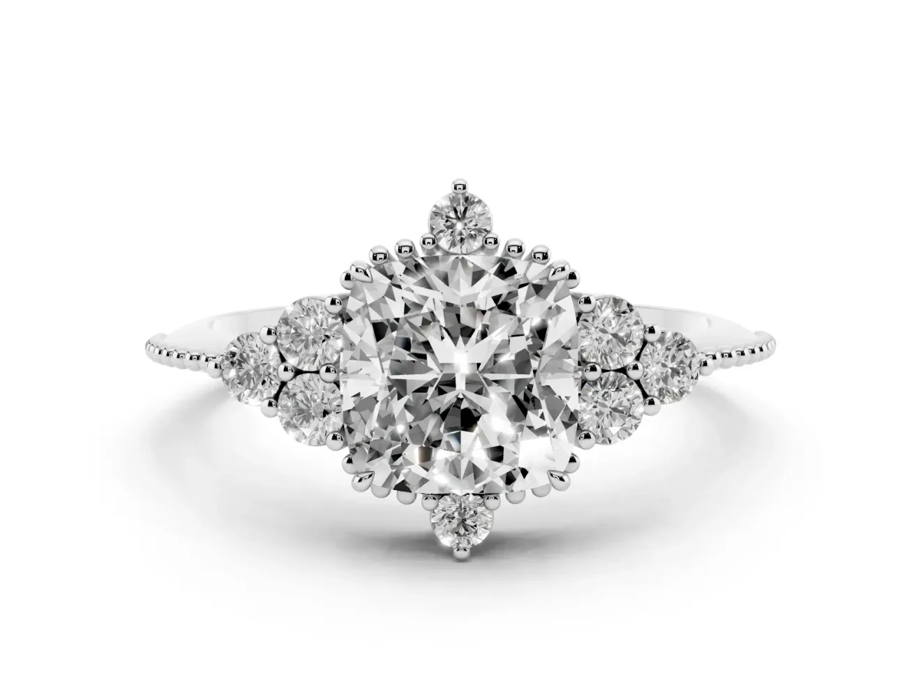 Cushion Cut Vintage Cluster Engagement Ring Setting | Beaded Edges | White Gold