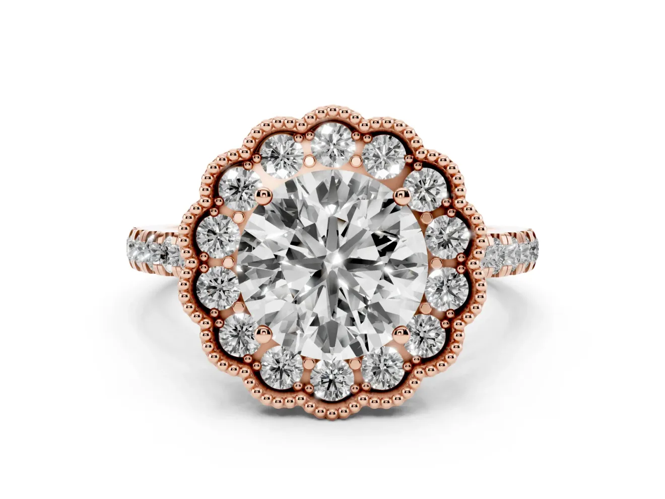 Round Vintage Milgrain Floral Halo Engagement Ring Setting | Pavé Band | Rose Gold