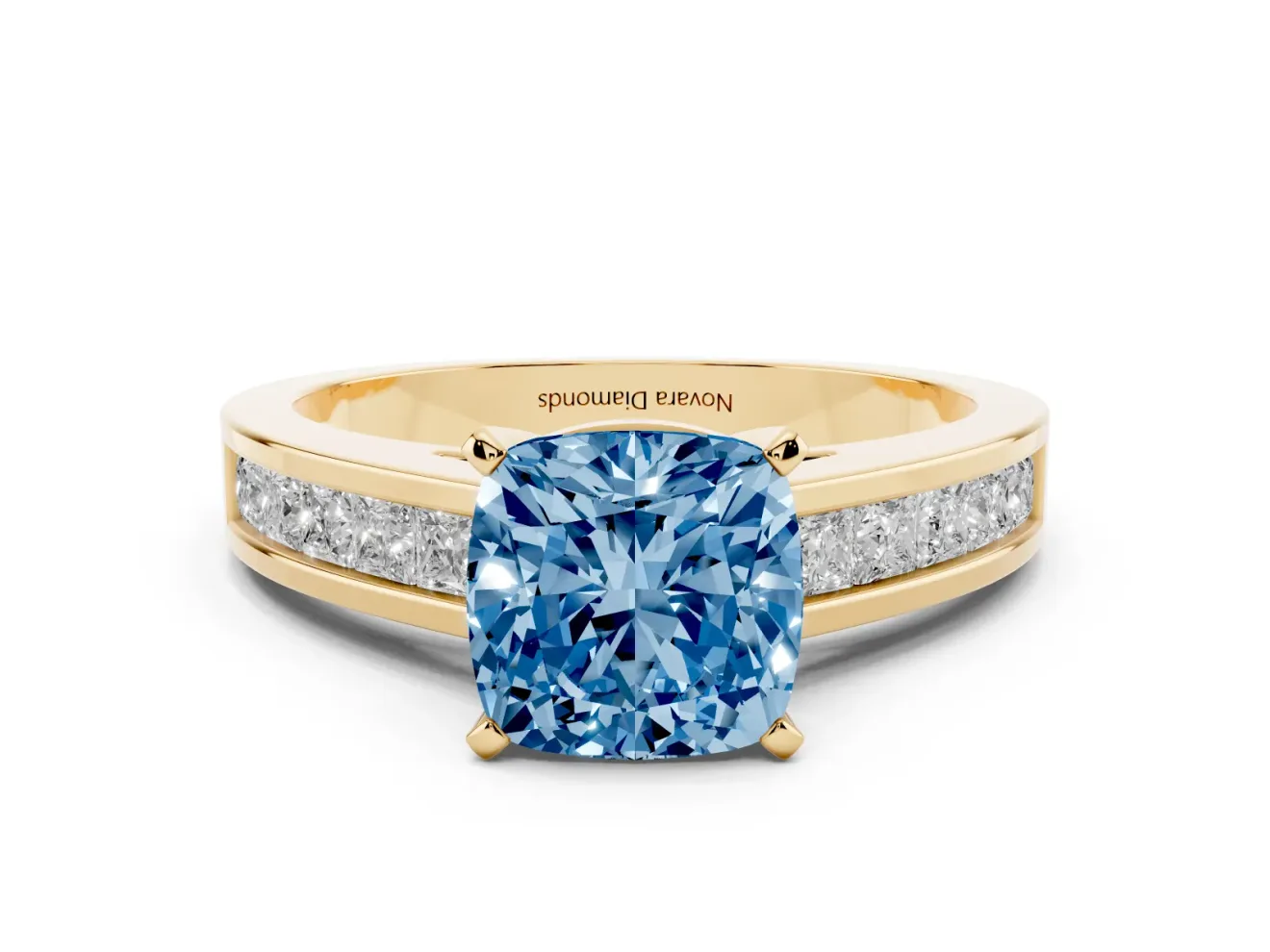 Fancy Blue Cushion Cut Diamond Solitaire Ring Set in Yellow gold with Channel-Set Band and Prong Setting