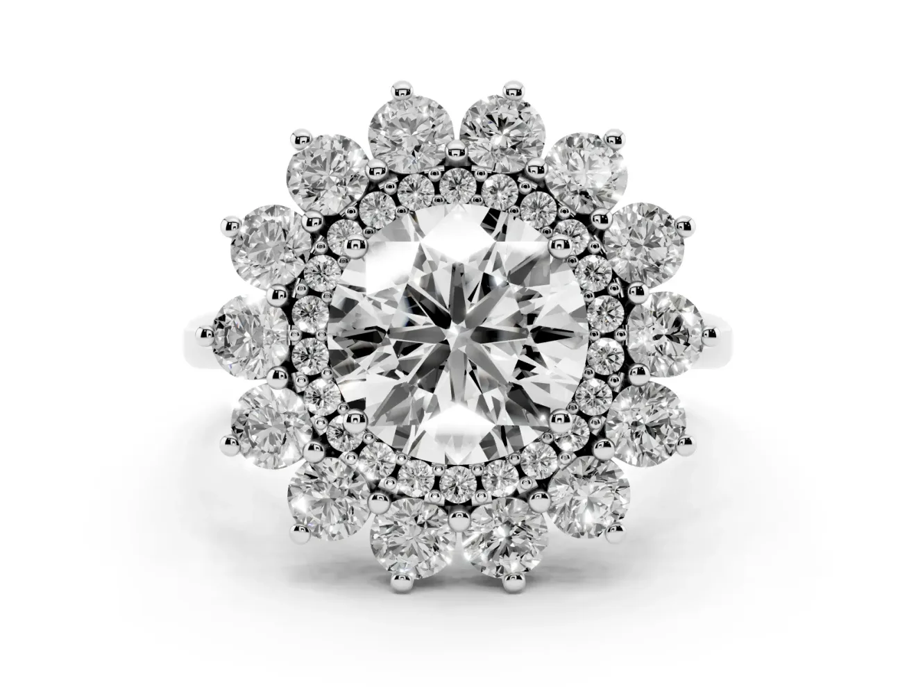 Round Floral Double Halo Engagement Ring Setting | Plain Band | Sterling Silver