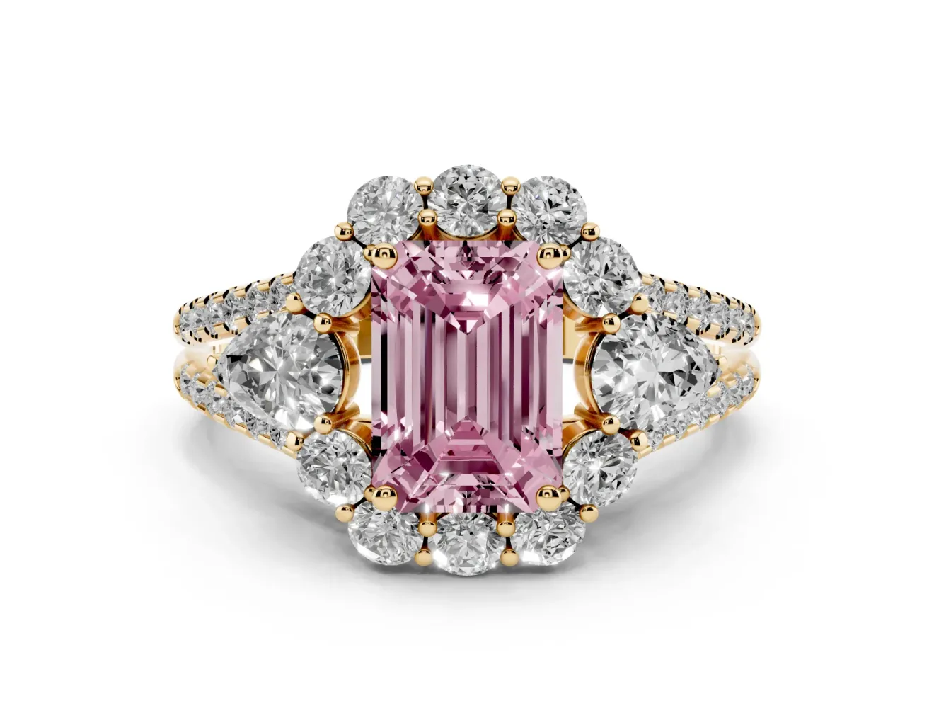Fancy Pink Emerald Cut Diamond Halo Split Shank Engagement Ring Set in Yellow gold with Prong-Held Center Stone