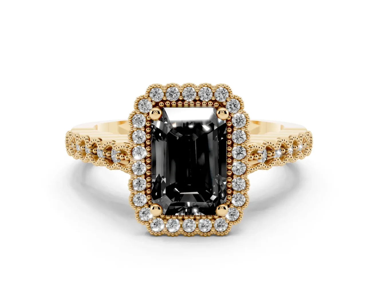 Radiant Cut Milgrain Halo Engagement Ring Setting for a Black Center | Yellow Gold