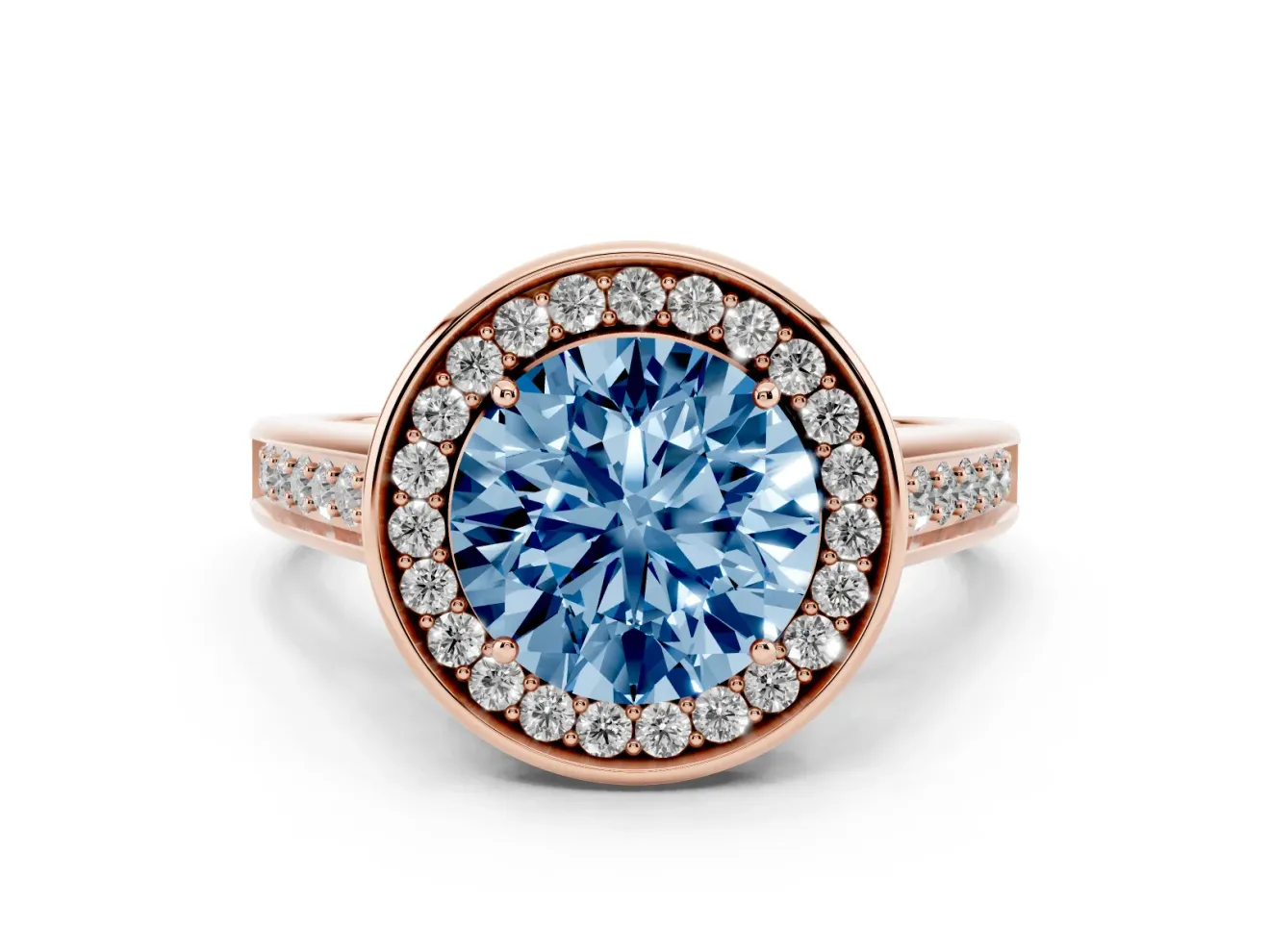 Fancy Blue Round Cut Diamond Halo Solitaire Ring Set in Rose gold with Pavé Band and Bezel Setting