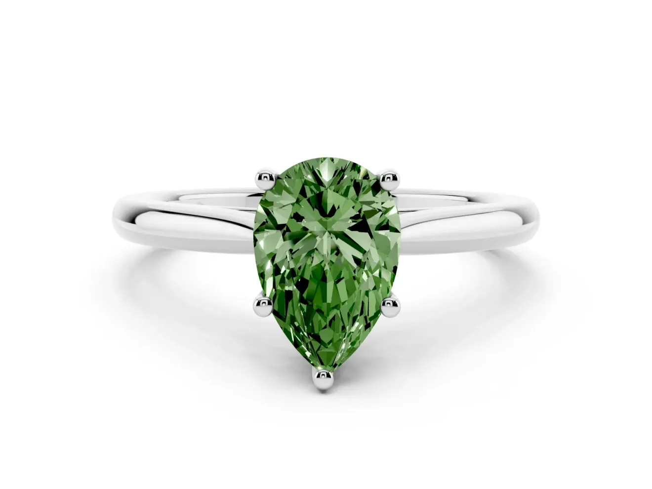 Fancy Green Pear Cut Diamond Solitaire Ring Set in Silver with Cathedral Band and Prong Setting
