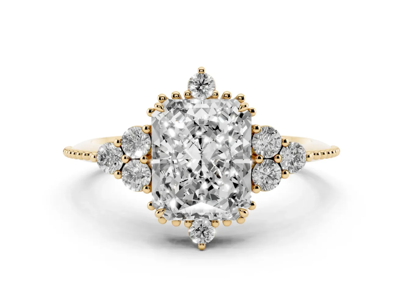 Radiant Cut Diamond Cluster Ring Set in Yellow gold with Beaded Band