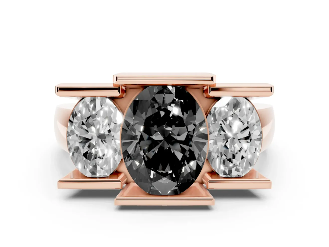 Fancy Black Oval Cut Diamond Three-Stone Channel Set Ring Set in Rose gold with Smooth Polished Band