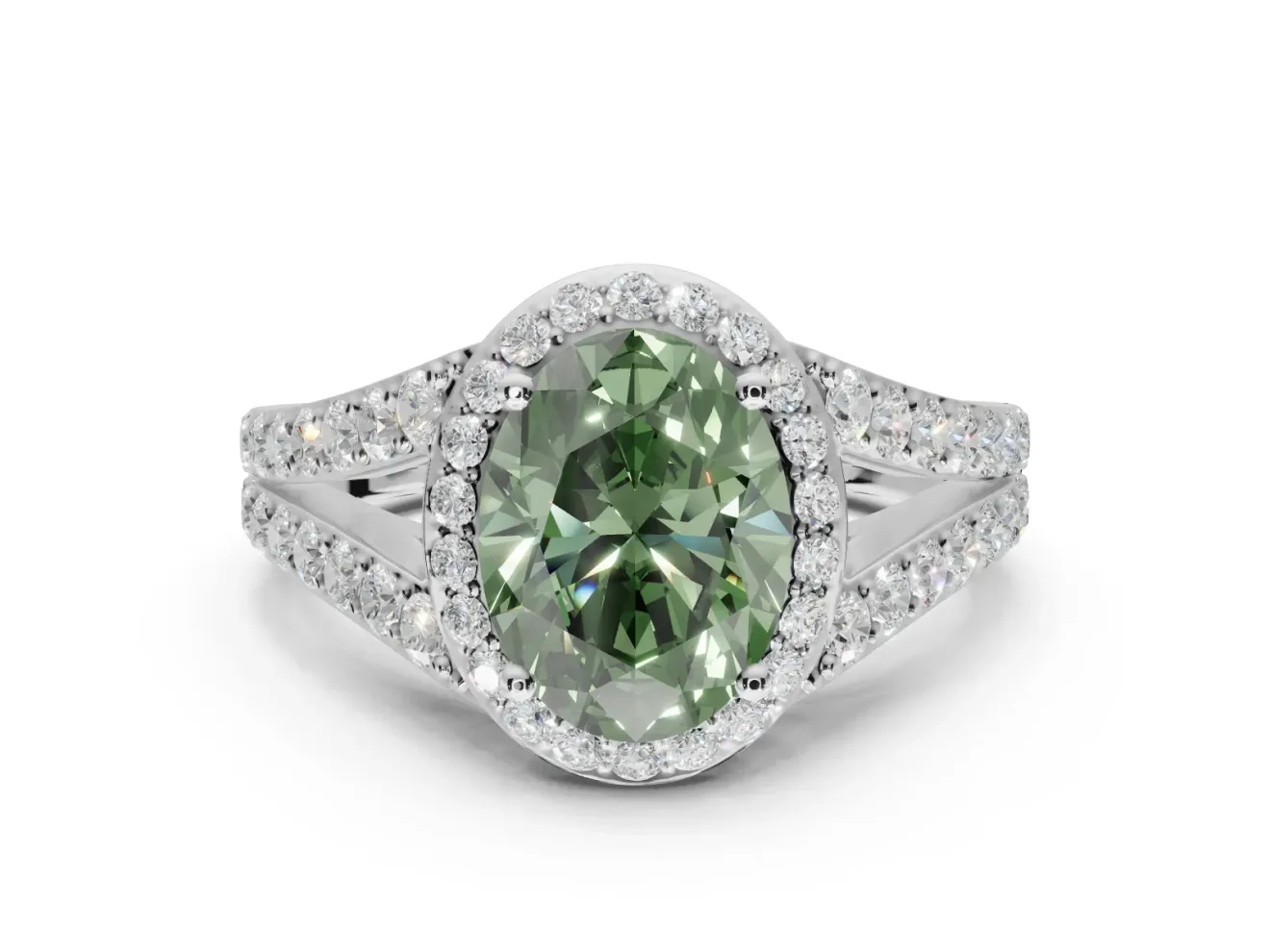 Oval Halo Pavé Engagement Ring Setting for a Fancy Green Lab-Grown Diamond | Narrow Split Shank | Sterling Silver