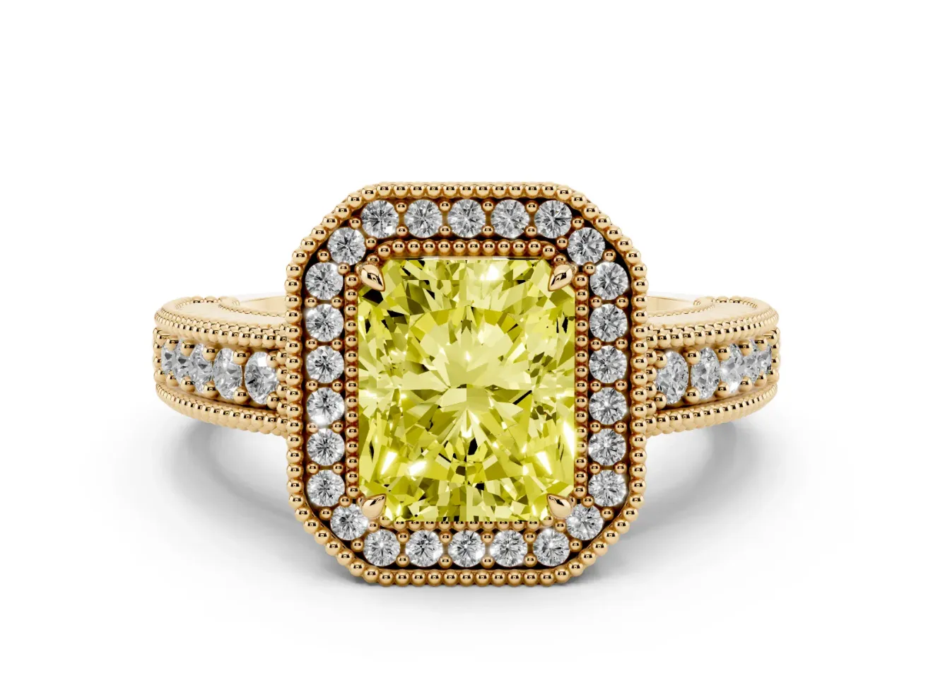 Fancy Yellow Radiant Cut Diamond Halo Ring Set in Yellow gold with Round Accent Halo, Pavé Band and Prong Setting