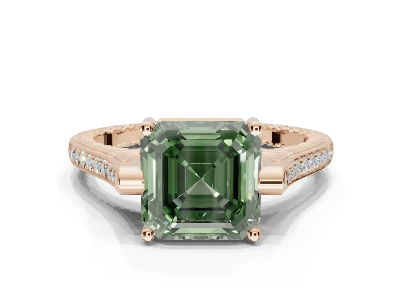 Asscher Cut Vintage Cathedral Engagement Ring Setting for a Fancy Green Lab-Grown Diamond | Carved Band | Rose Gold