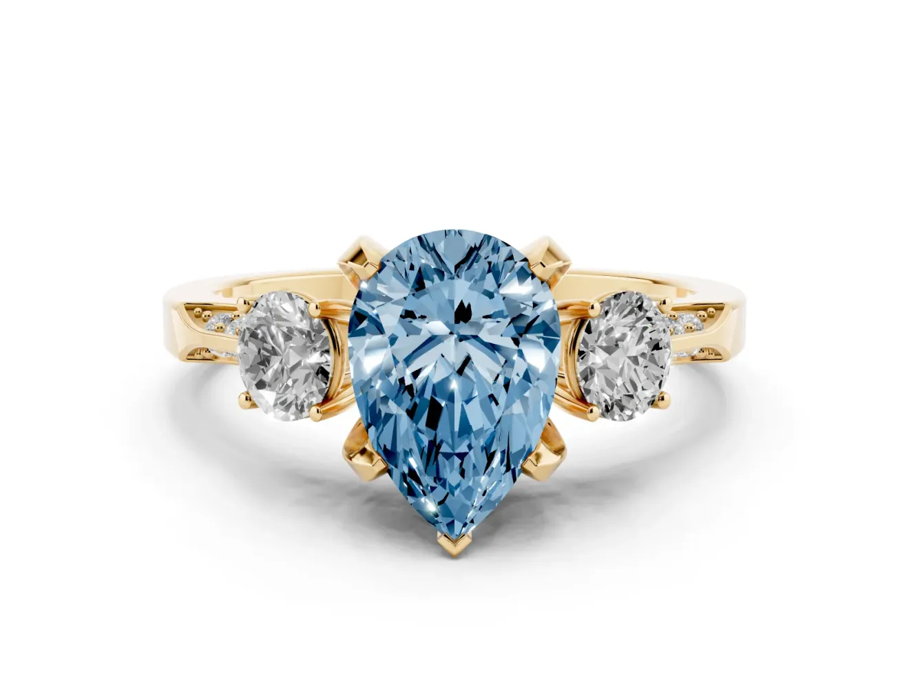 Pear-Shaped Hidden Halo Three Stone Engagement Ring Setting for a Fancy Blue Lab-Grown Diamond | Yellow Gold