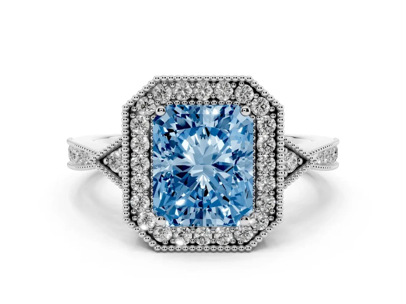 Radiant Cut Milgrain Halo Engagement Ring Setting for a Fancy Blue Lab-Grown Diamond | Graduated Pavé | Sterling Silver