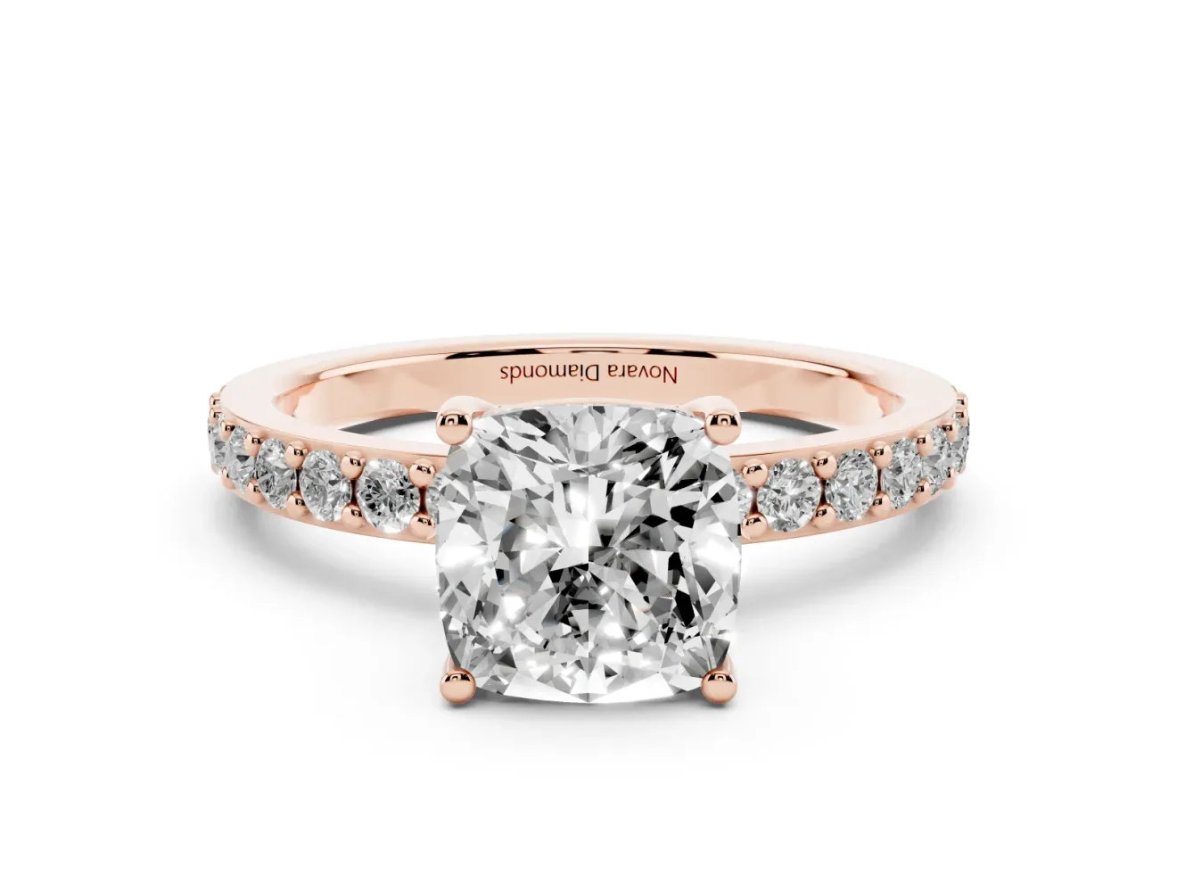 Cushion Cut Diamond Solitaire Set in Rose gold with Round Pavé Band and Prong Setting