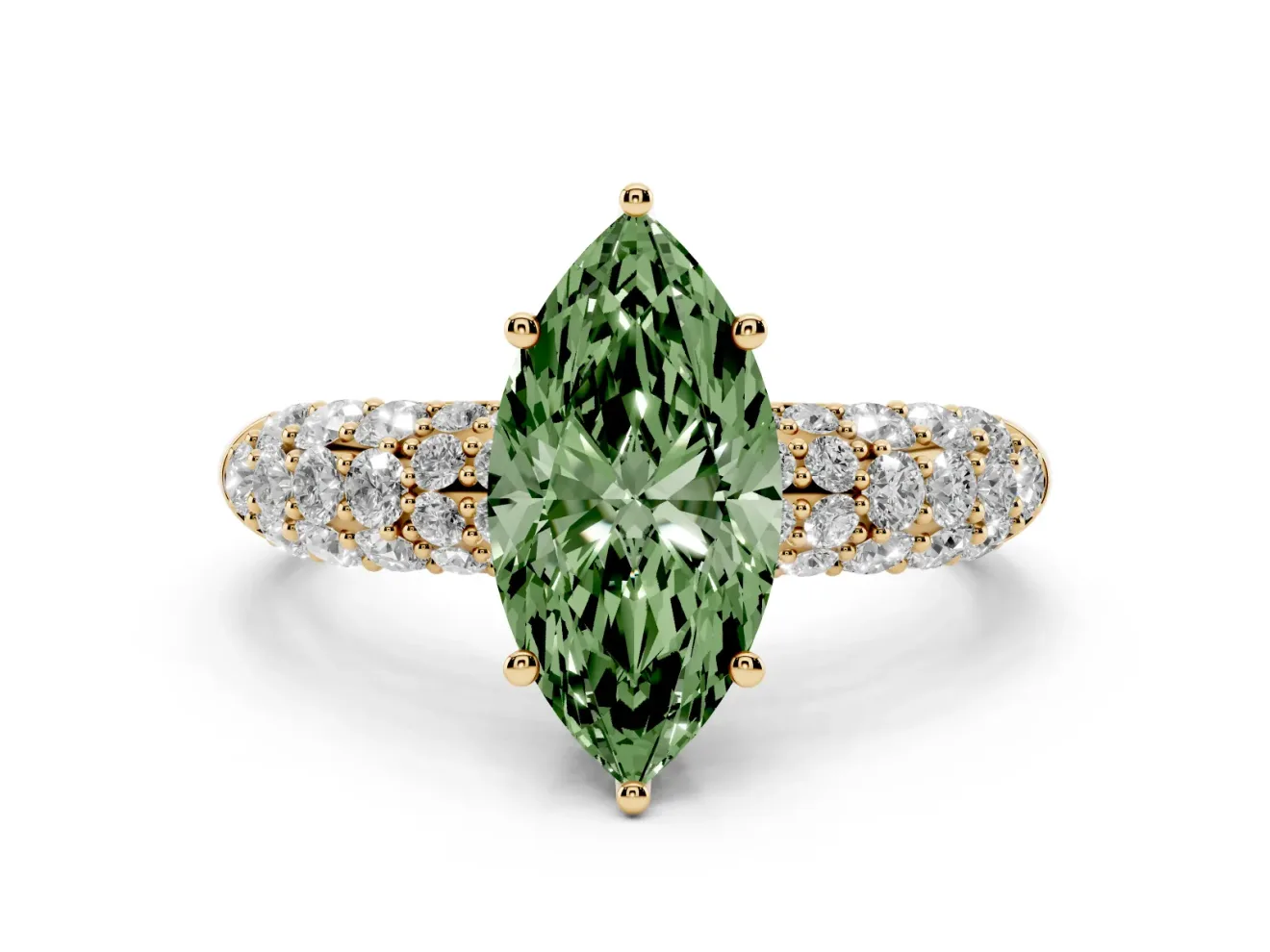 Marquise Multi Row Pave Engagement Ring Setting for a Fancy Green Lab-Grown Diamond | Yellow Gold