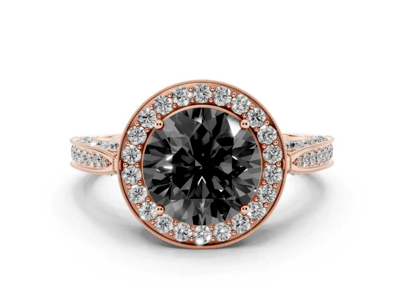 Round Milgrain Halo Engagement Ring Setting for a Black Center | Side Stones | Rose Gold