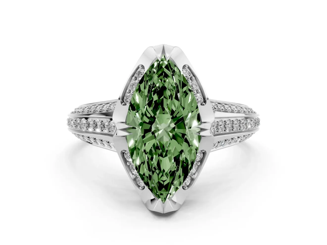 Fancy Green Marquise Cut Diamond Pavé Split Shank Solitaire Ring Set in Silver with Prong Setting