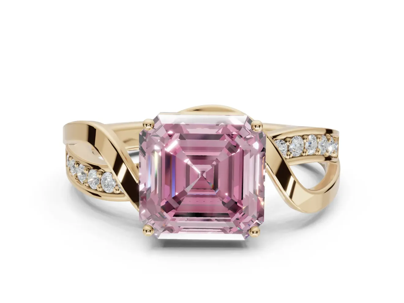 Asscher Cut Bypass Solitaire Engagement Ring Setting for a Fancy Pink Lab-Grown Diamond | Pavé Strands | Yellow Gold