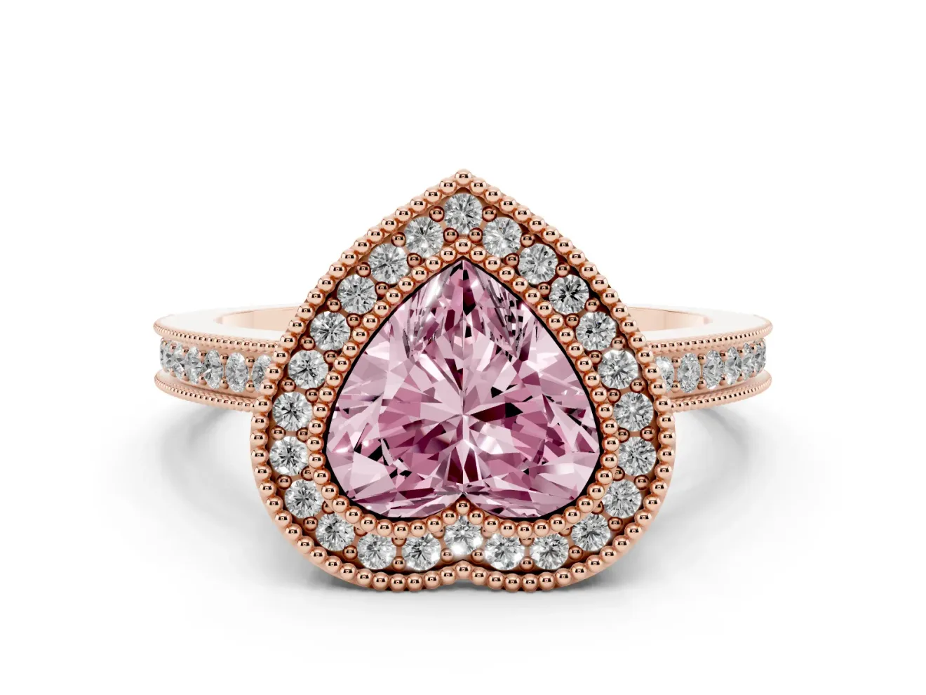 Fancy Pink Heart Cut Diamond Halo Ring Set in Rose gold with Pavé Band and Milgrain-Edged Prongs