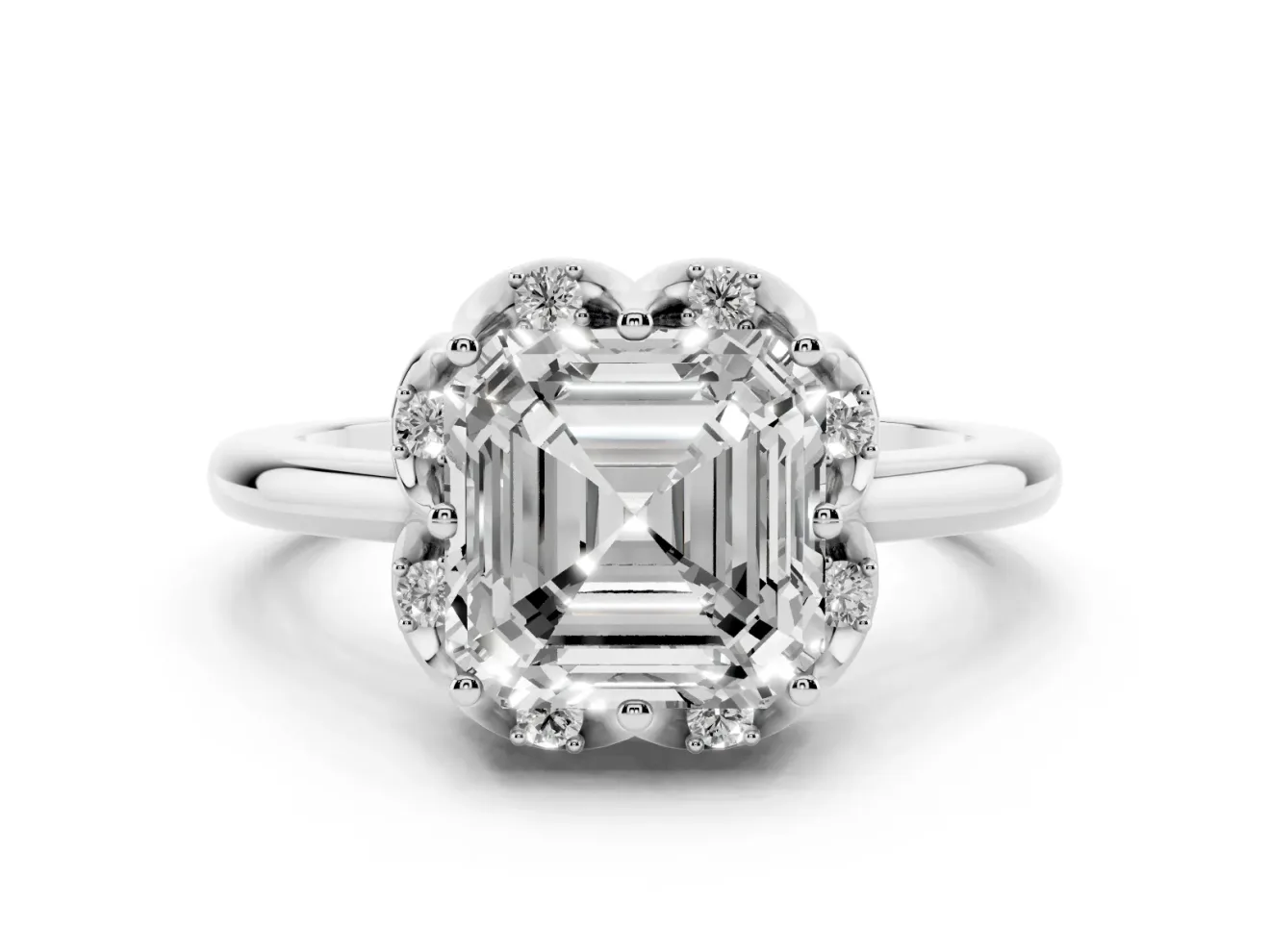 Asscher Cut Scalloped Petal Halo Engagement Ring Setting | Plain Band | Sterling Silver