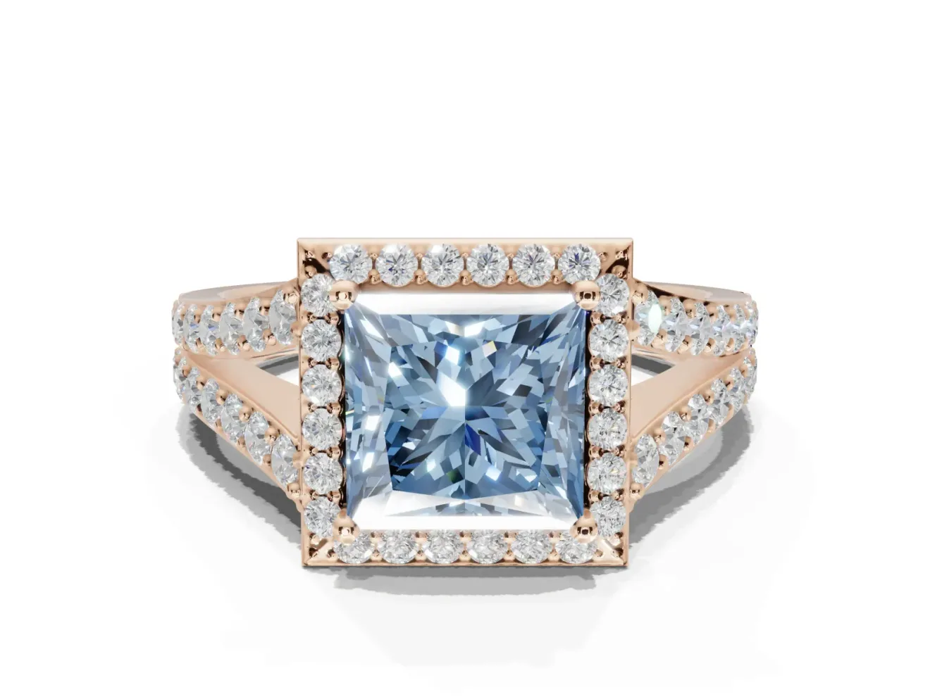 Princess Cut Halo Pavé Engagement Ring Setting for a Fancy Blue Lab-Grown Diamond | Narrow Split Shank | Rose Gold