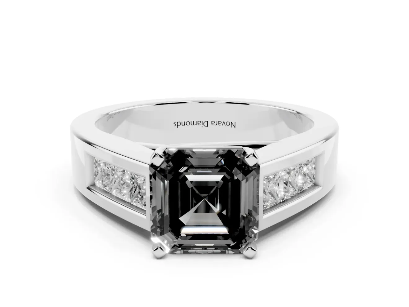 Fancy Black Asscher Cut Diamond Solitaire Ring Set in Silver with Channel-Set Accent Stones and Prong Setting