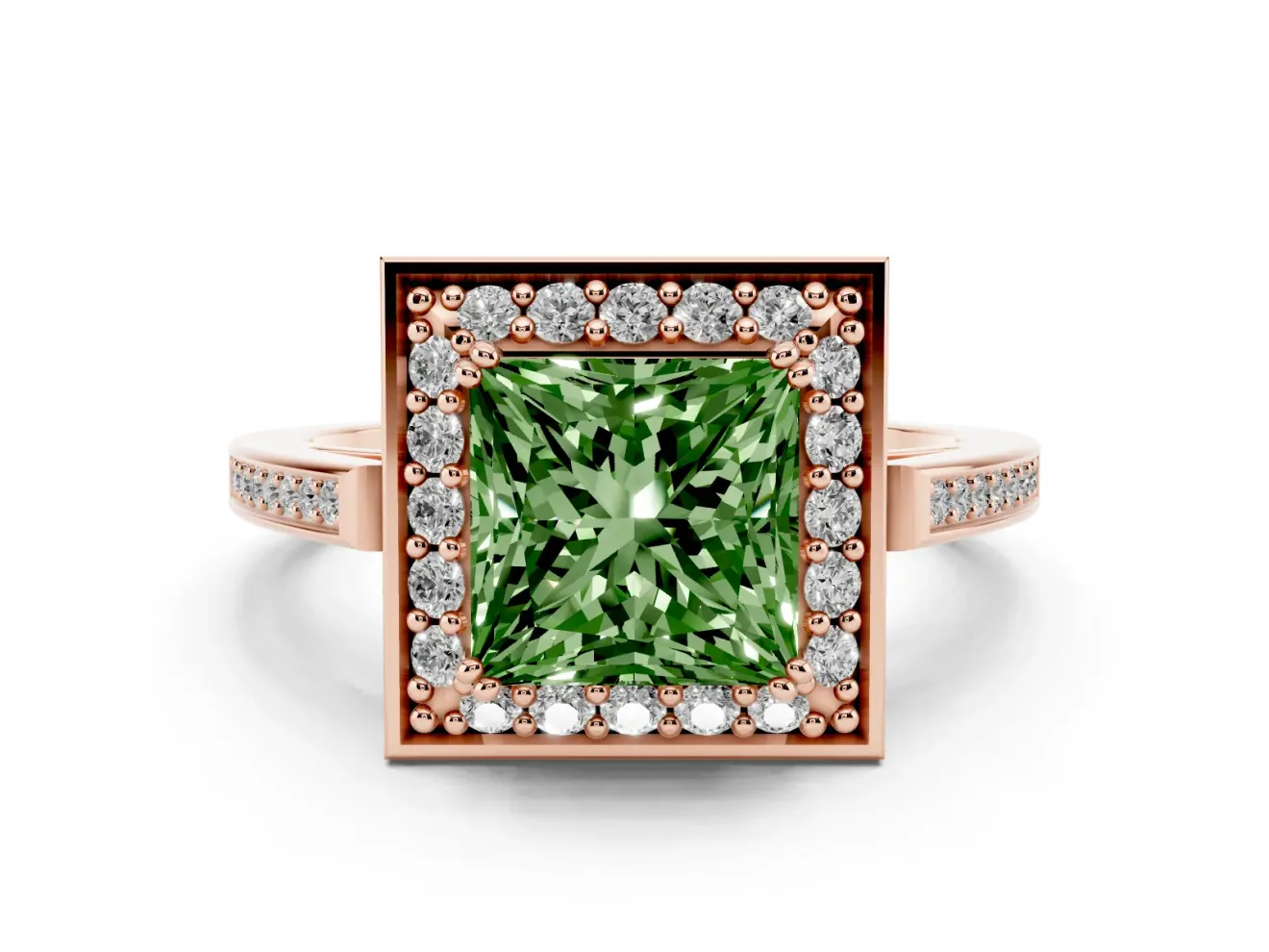 Princess Cut Halo Engagement Ring Setting for a Fancy Green Lab-Grown Diamond | Polished Halo Rim | Rose Gold