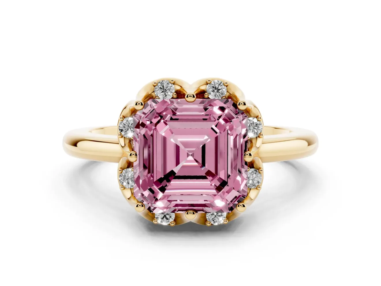 Asscher Cut Petal Halo Engagement Ring Setting for a Fancy Pink Lab-Grown Diamond | Yellow Gold