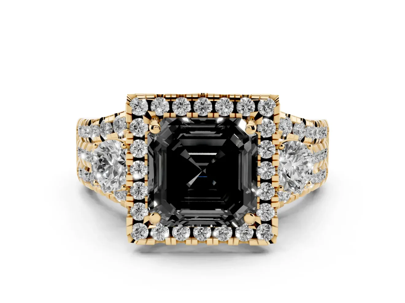 Asscher Cut Halo Split Shank Engagement Ring Setting for a Black Center | Yellow Gold