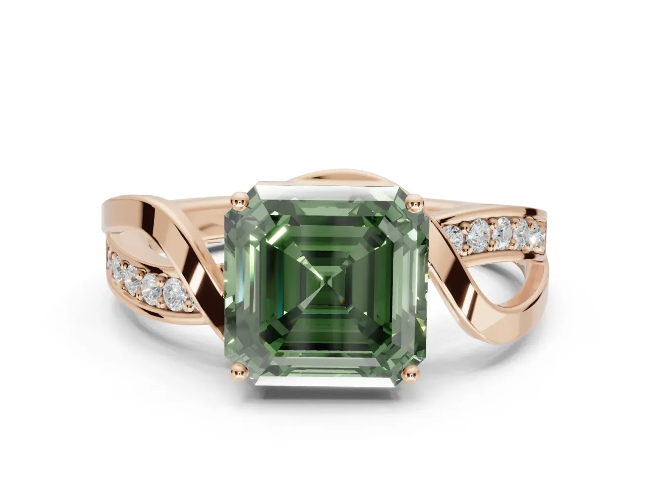 Asscher Cut Bypass Solitaire Engagement Ring Setting for a Fancy Green Lab-Grown Diamond | Pavé Strands | Rose Gold