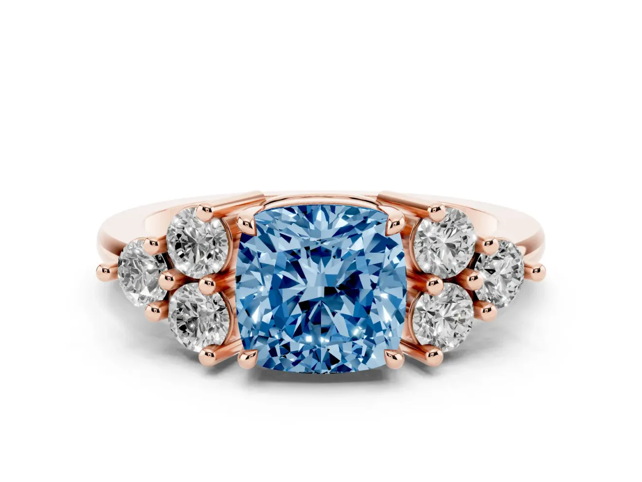Fancy Blue Cushion Cut Diamond Solitaire Ring Set in Rose gold with Cluster Accents on Each Side