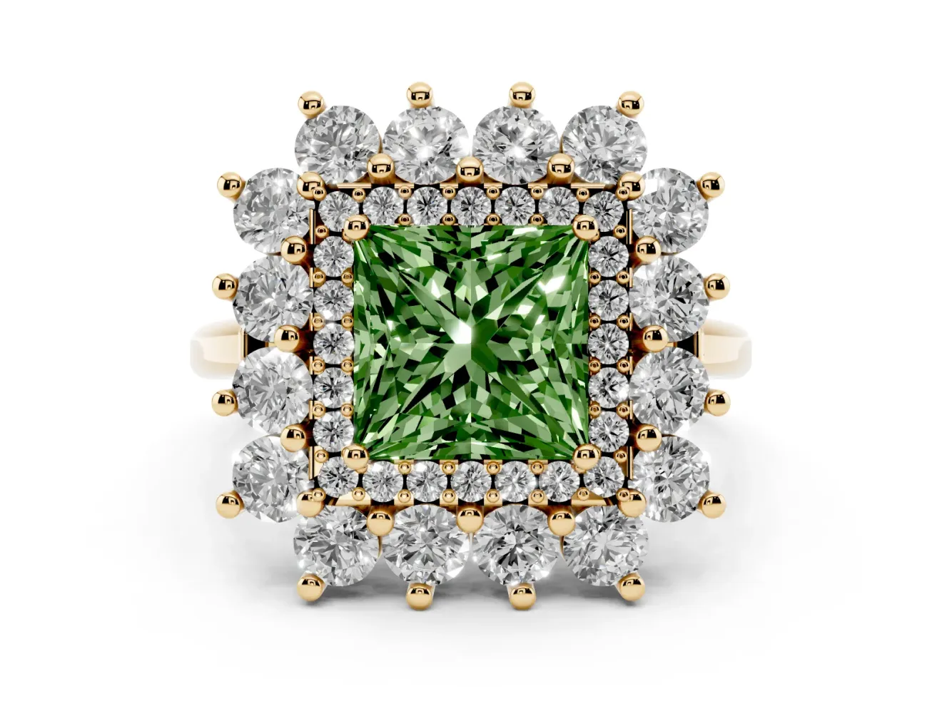 Princess Cut Floral Double Halo Engagement Ring Setting for a Fancy Green Lab-Grown Diamond | Plain Band | Yellow Gold