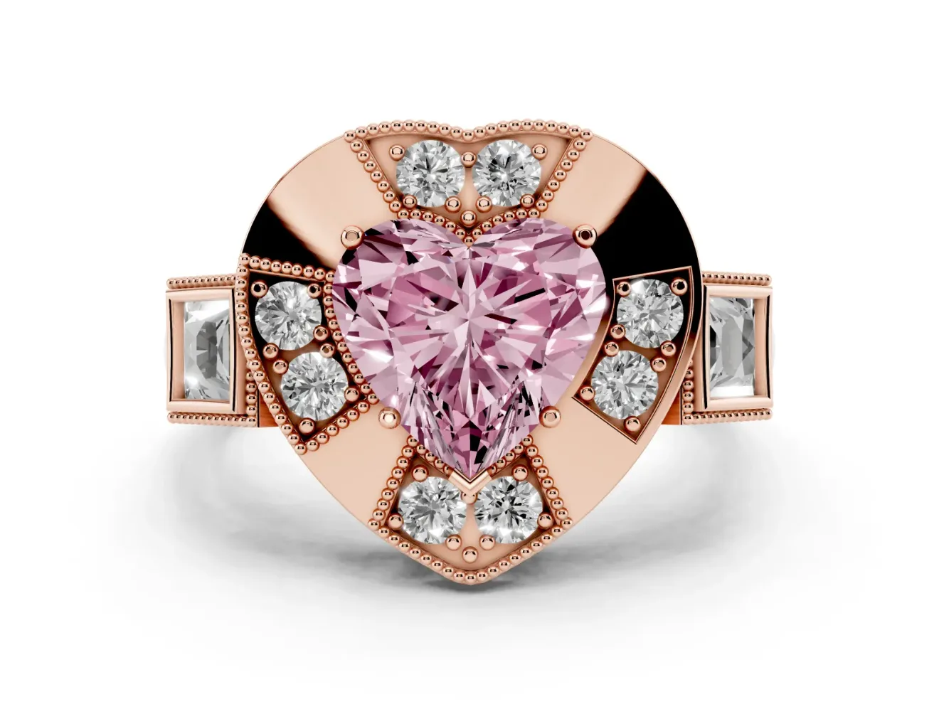 Heart-Shaped Milgrain Sectioned Halo Engagement Ring Setting for a Fancy Pink Lab-Grown Diamond | Rose Gold