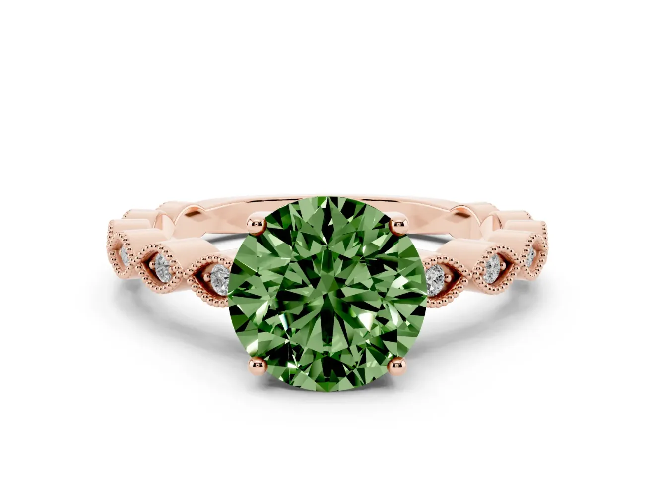 Fancy Green Round Cut Diamond Solitaire Ring Set in Rose gold with Infinity Twist Pavé Band