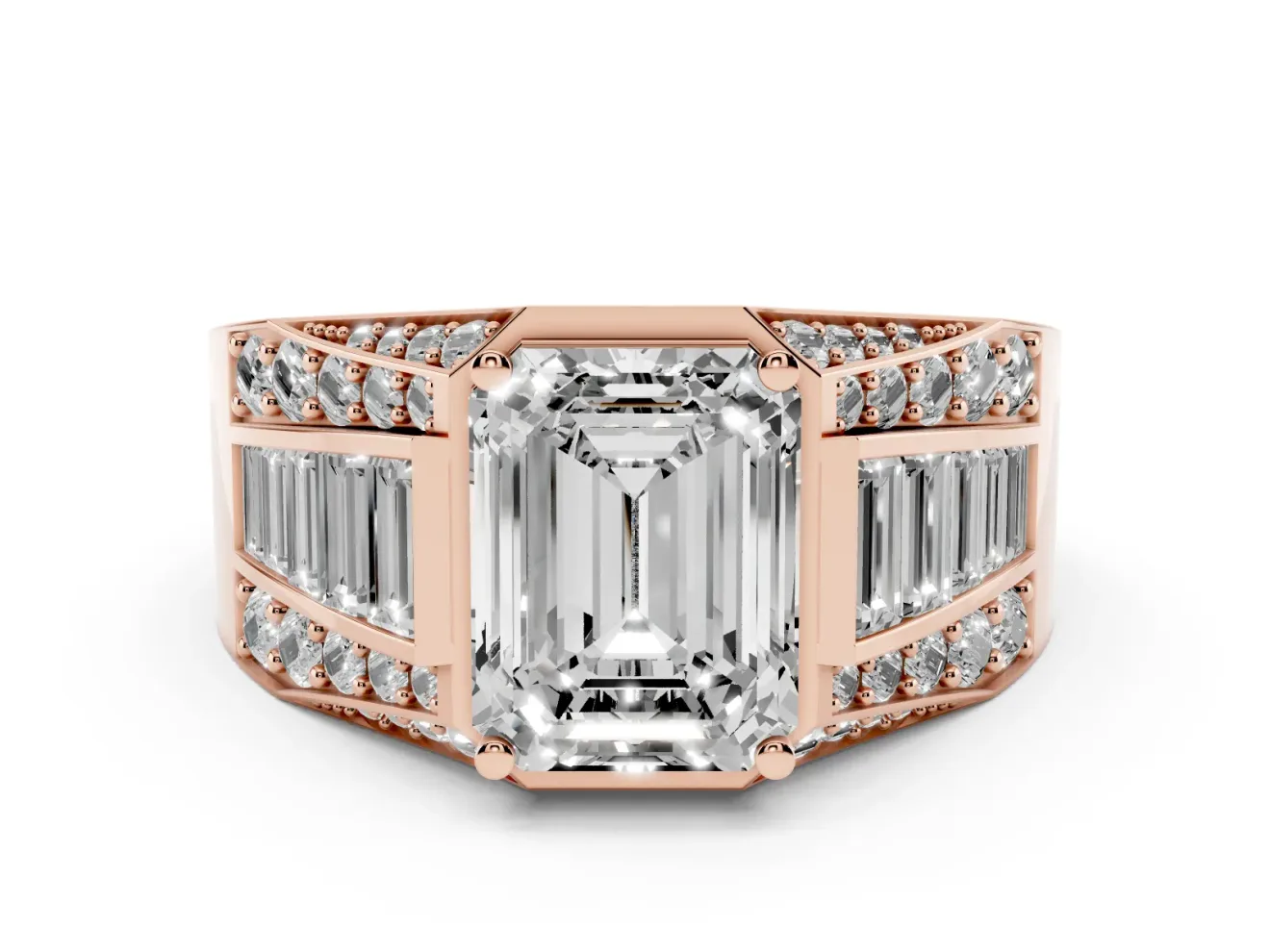 Emerald Cut Men's Graduated Baguette Engagement Ring Setting | Raised Frame Head | Rose Gold