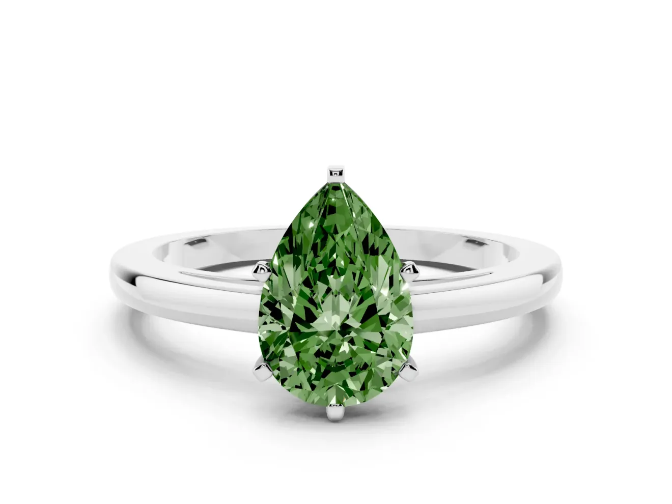 Fancy Green Pear Cut Diamond Solitaire Engagement Ring Set in White gold with Prong Setting on a Classic Band