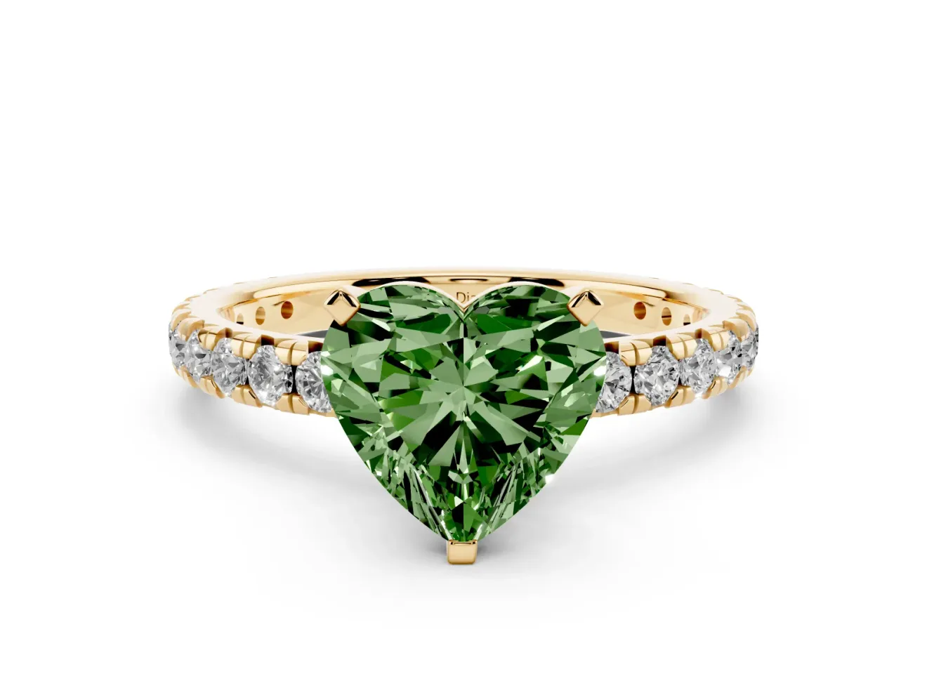 Fancy Green Heart Cut Diamond Pavé Solitaire Ring Set in Yellow gold with Round Band and Prong Setting