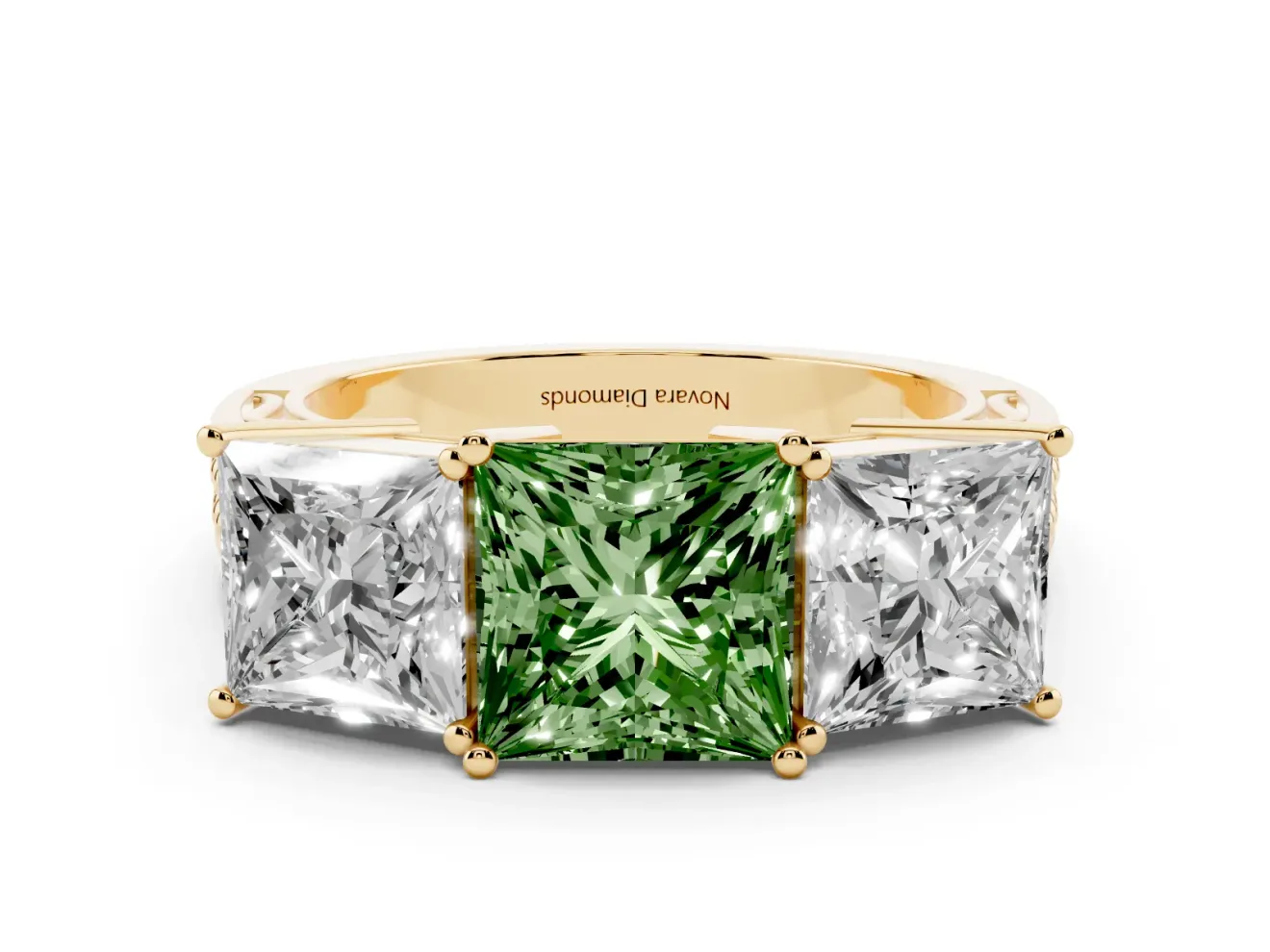 Princess Cut Three Stone Engagement Ring Setting for a Fancy Green Lab-Grown Diamond | Beaded Shoulders | Yellow Gold