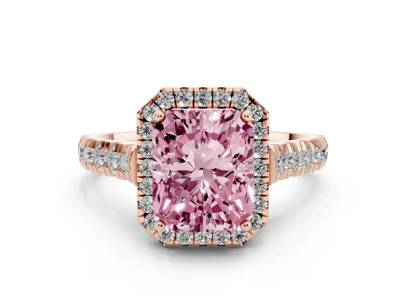 Radiant Cut Accented Halo Engagement Ring Setting for a Fancy Pink Lab-Grown Diamond | Rose Gold