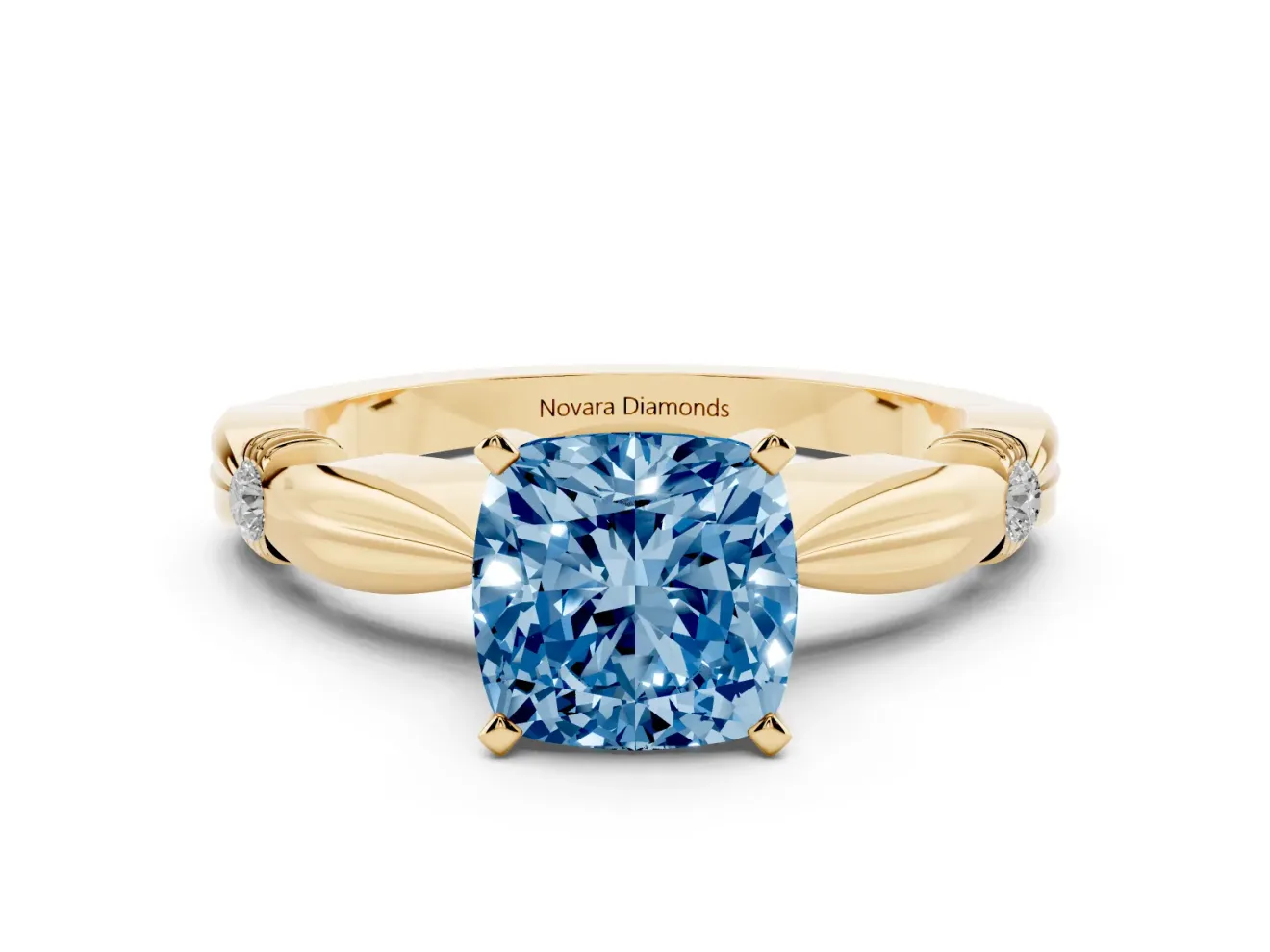 Fancy Blue Cushion Cut Diamond Solitaire Twisted Band Ring Set in Yellow gold with Accent Stones and Prong Setting