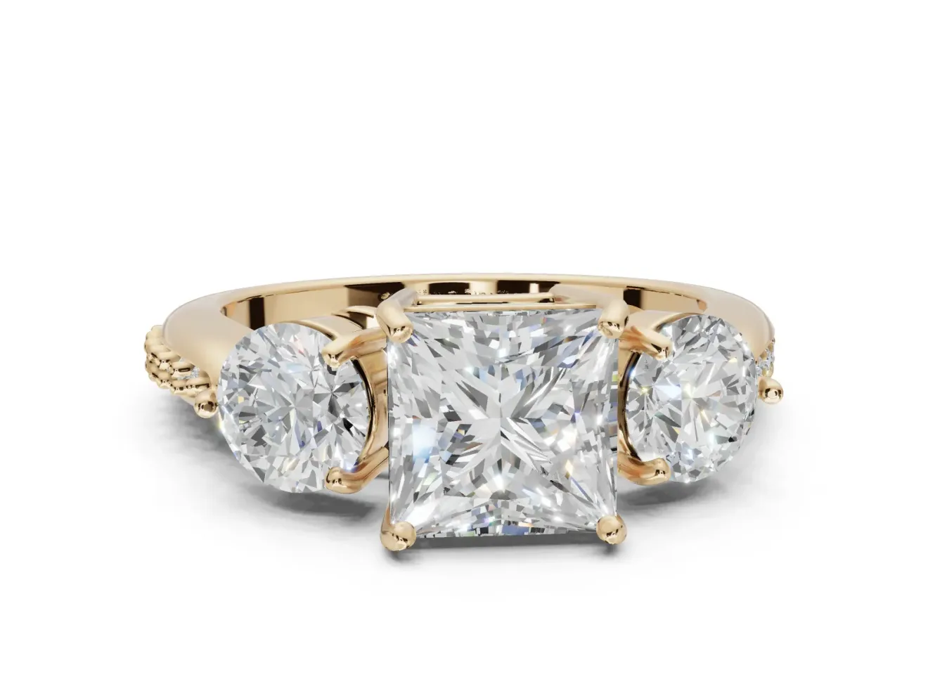 Princess Cut Three Stone Engagement Ring Setting | Tapered Pave Band | Yellow Gold