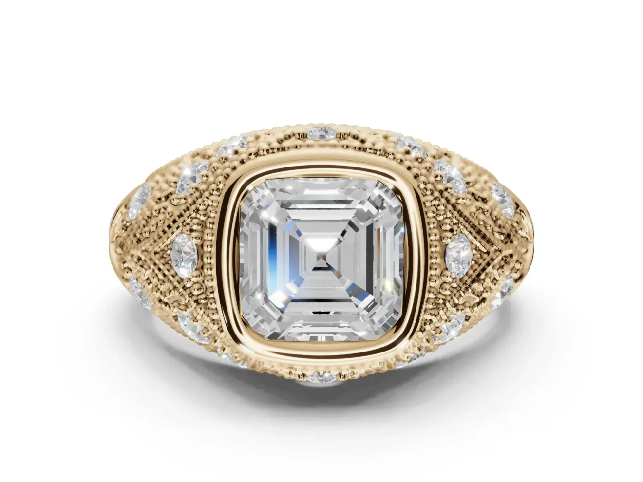 Asscher Cut Vintage Bezel Engagement Ring Setting | Beaded Paisley Shoulders | Yellow Gold
