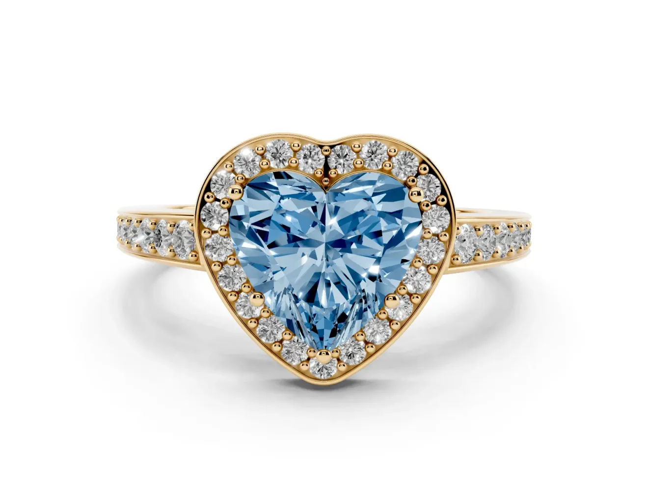 Fancy Blue Heart Cut Diamond Halo Pavé Engagement Ring Set in Yellow gold with Bezel Setting