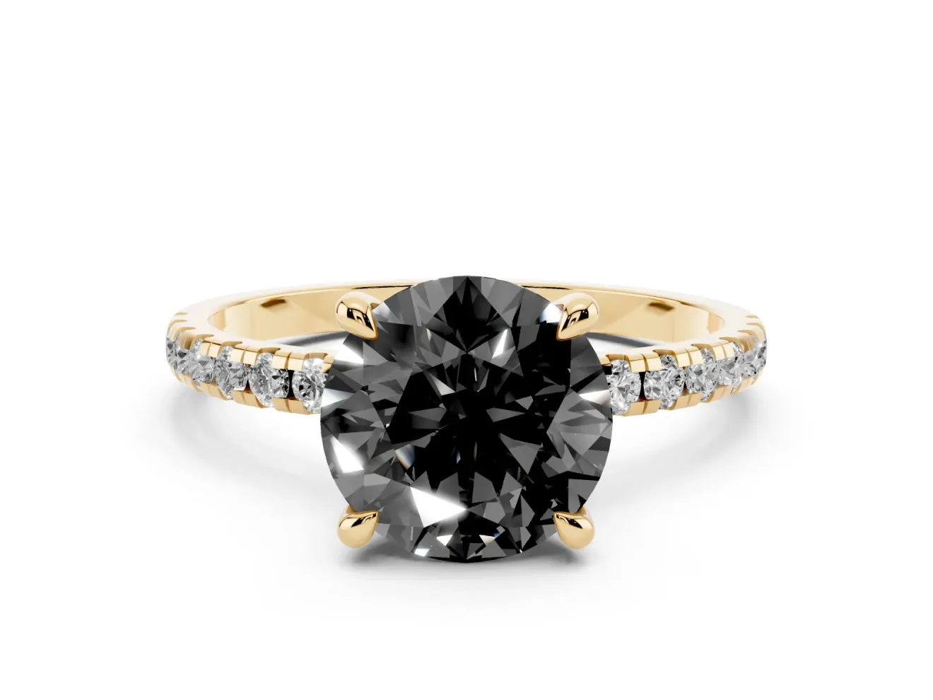 Fancy Black Round Cut Diamond Brilliant Solitaire Ring Set in Yellow gold with Pavé Band and Prong Setting