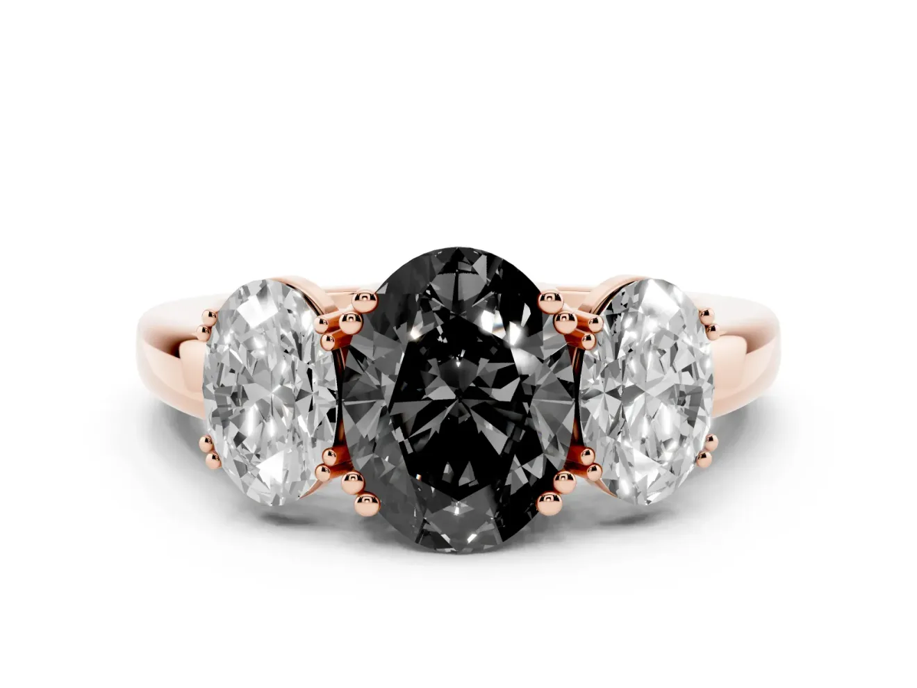 Fancy Black Oval Cut Diamond Three-Stone Ring Set in Rose gold with Polished Band and Prong Setting
